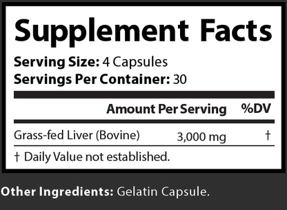Supplement facts label with grass-fed liver content and serving size details.