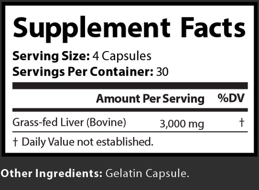 Supplement facts label with grass-fed liver content and serving size details.