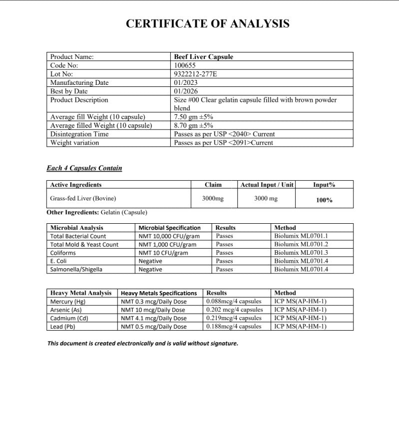 Certificate of Analysis for Beef Liver Capsules with detailed product information and testing results.