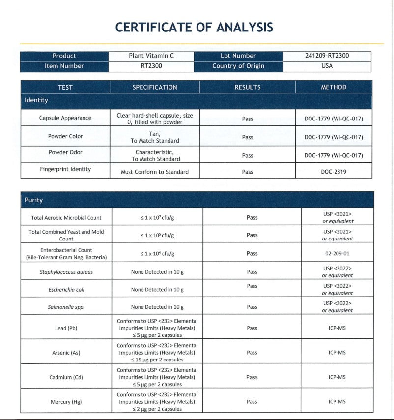 Certificate of Analysis for a plant vitamin C product with test results and specifications.