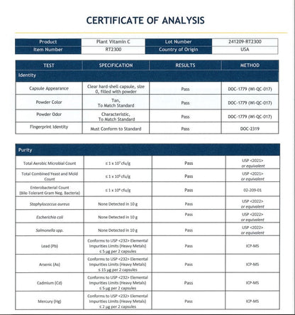 Certificate of Analysis for a plant vitamin C product with test results and specifications.